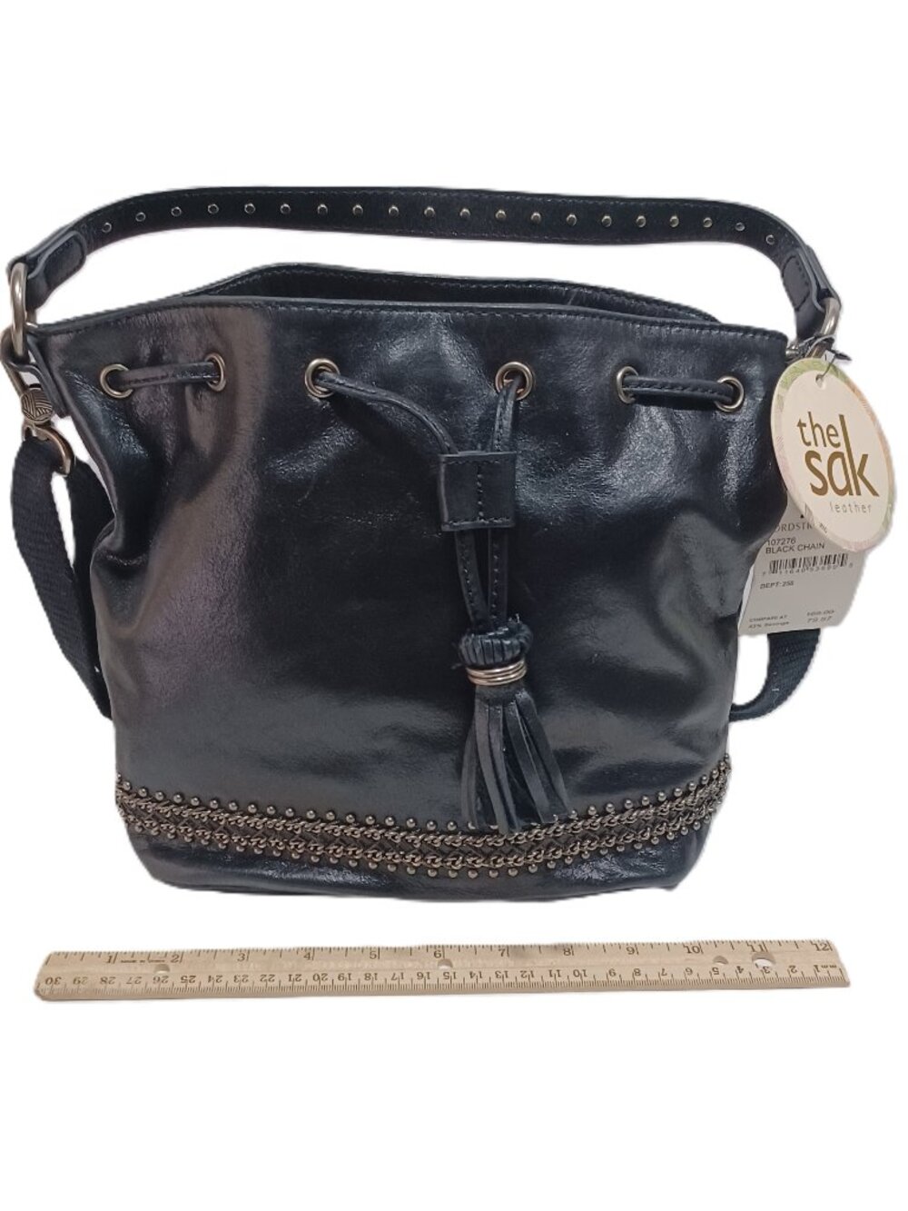 NWT The Sac Ukiah Black Leather Heritage Style Drawstring Bucket Bag - Picture 9 of 13